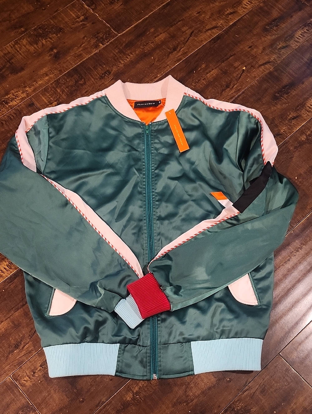 Atelier New Regime Green Satin Bomber with Pink Rib Collar - Picture 3 of 11